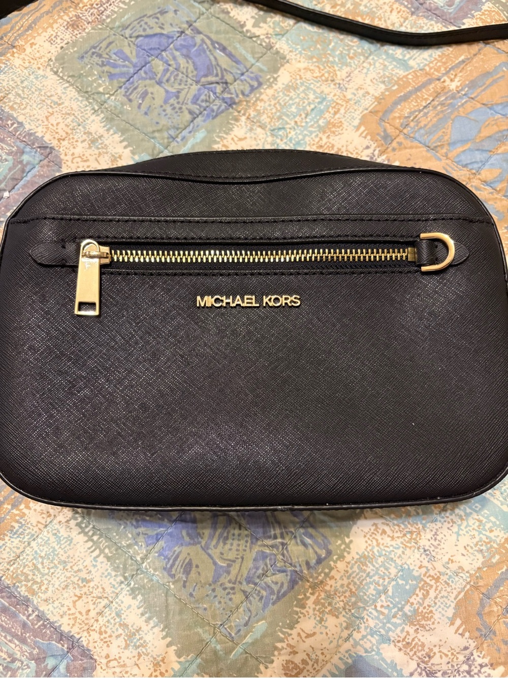 Michael Kors Black Crossbody with Gold Hardware and Front Zip